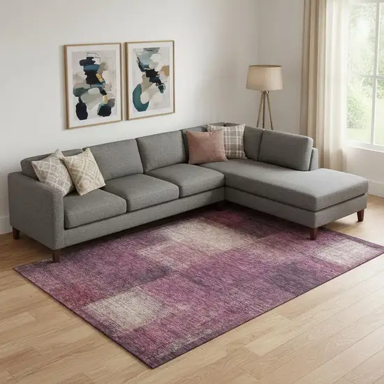 Plum And Beige Abstract Washable Area Rug With UV Protection Photo 1