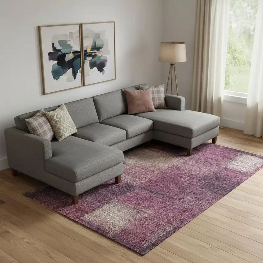 Plum And Beige Abstract Washable Area Rug With UV Protection Photo 2