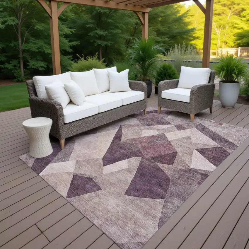 Plum And Beige Abstract Washable Indoor Outdoor Area Rug Photo 7
