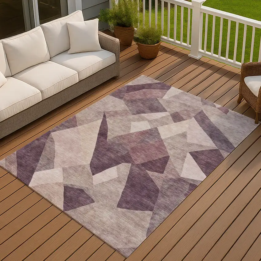 Plum And Beige Abstract Washable Indoor Outdoor Area Rug Photo 4