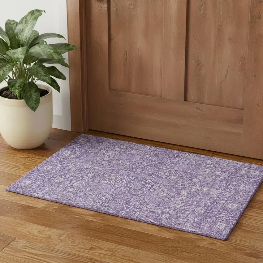Plum And Beige Floral Washable Area Rug With UV Protection Photo 1