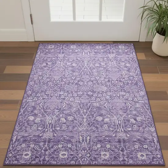 Plum And Beige Floral Washable Area Rug With UV Protection Photo 2