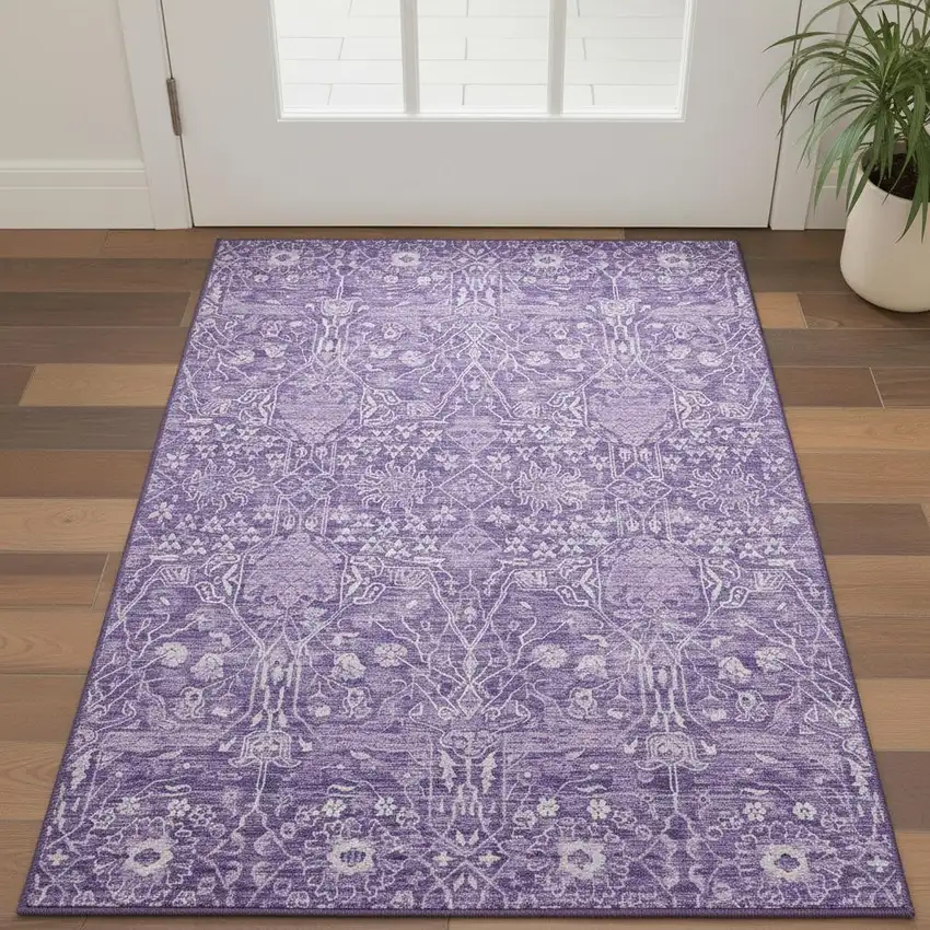 Plum And Beige Floral Washable Area Rug With UV Protection Photo 2
