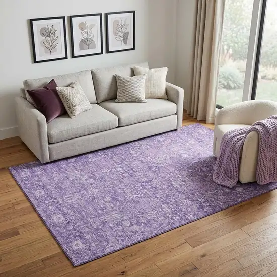 Plum And Beige Floral Washable Area Rug With UV Protection Photo 1