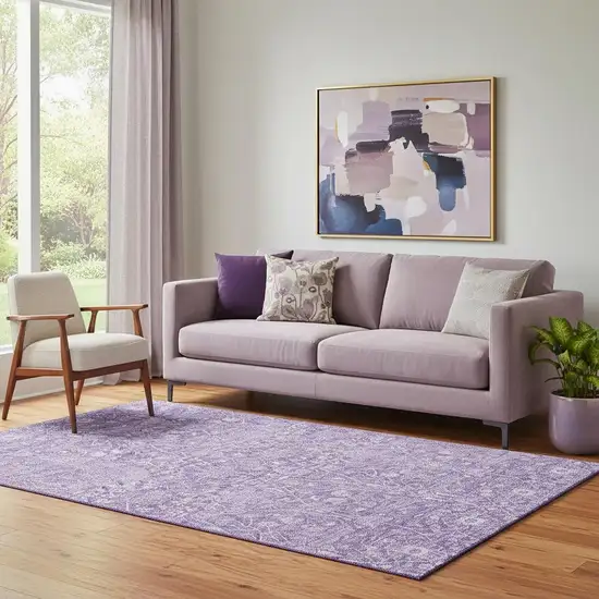 Plum And Beige Floral Washable Area Rug With UV Protection Photo 2