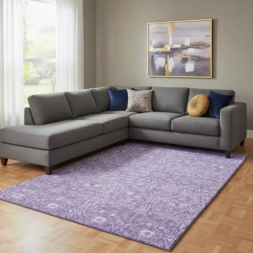 Plum And Beige Floral Washable Area Rug With UV Protection Photo 2