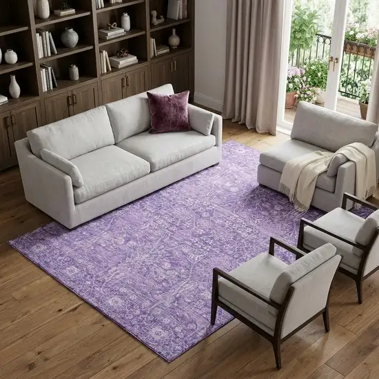 Plum And Beige Floral Washable Area Rug With UV Protection Photo 1