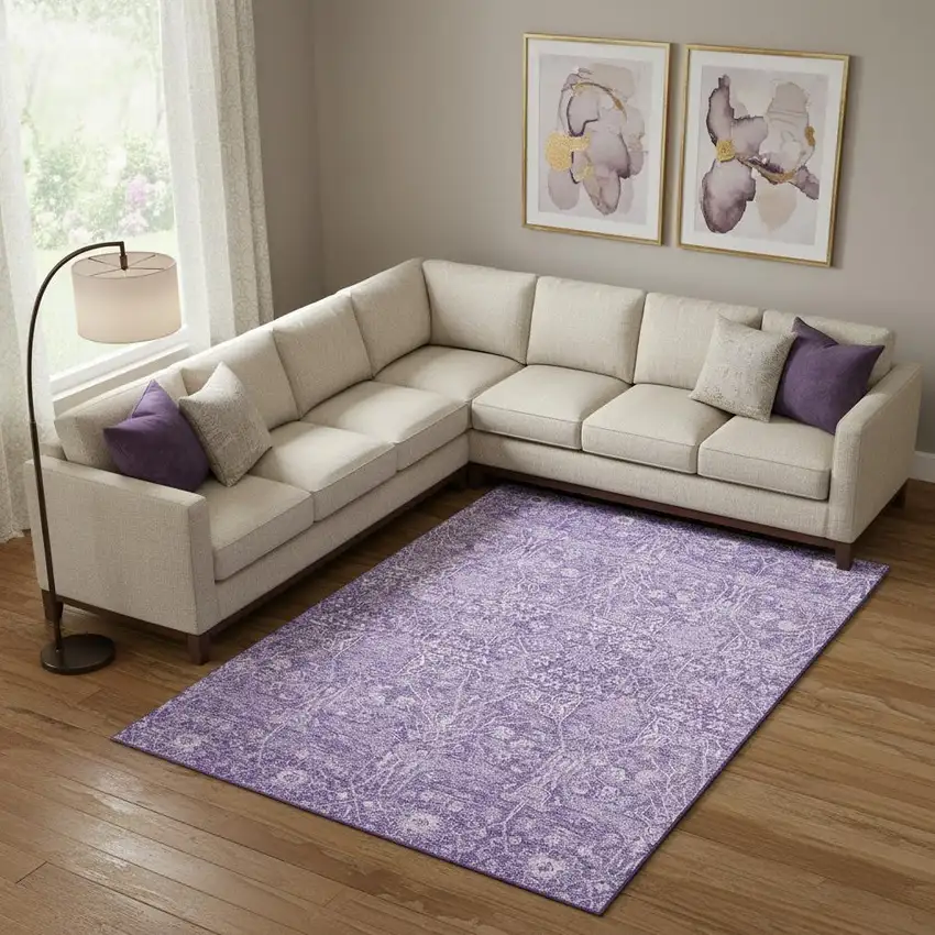 Plum And Beige Floral Washable Area Rug With UV Protection Photo 2
