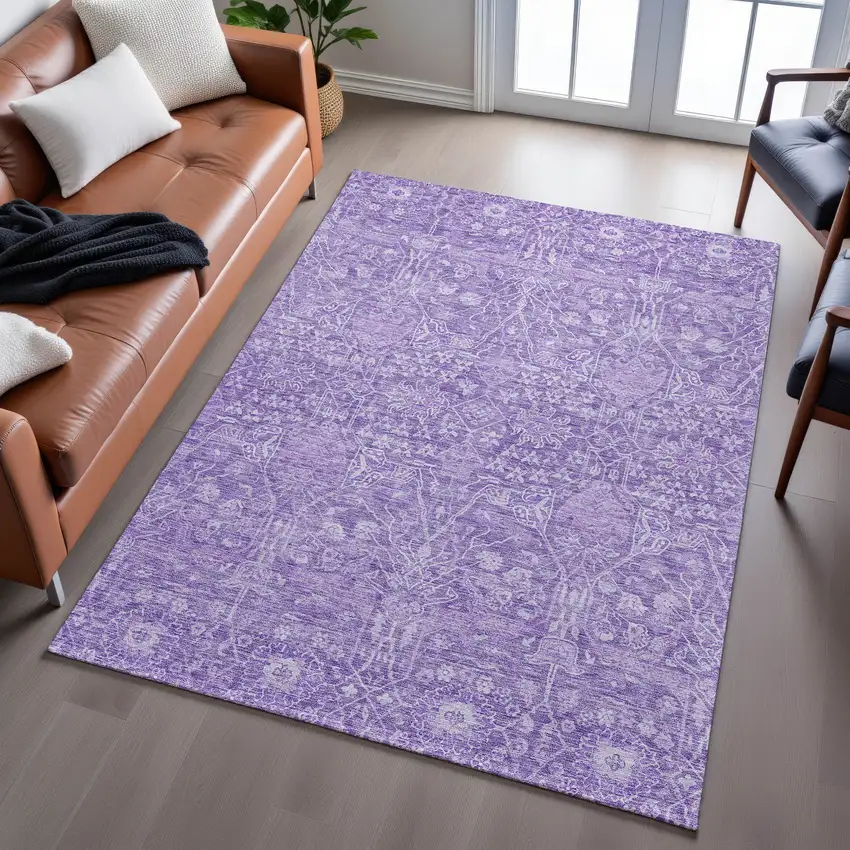 Plum And Beige Floral Washable Area Rug With UV Protection Photo 5