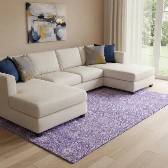 Plum And Beige Floral Washable Area Rug With UV Protection Photo 2