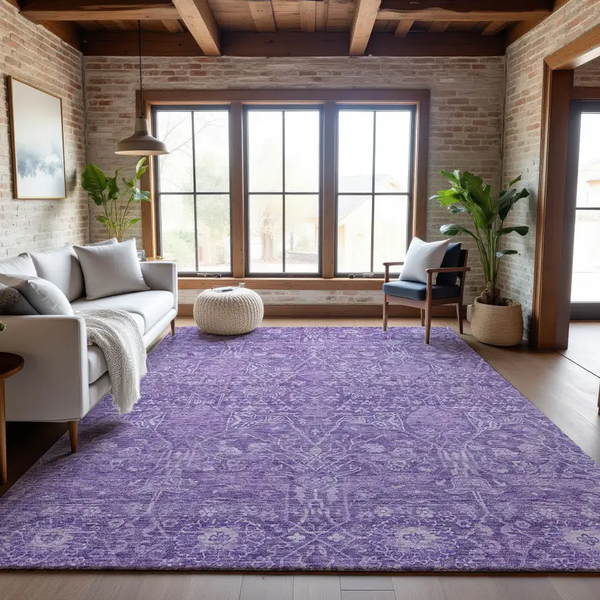 Plum And Beige Floral Washable Area Rug With UV Protection Photo 3