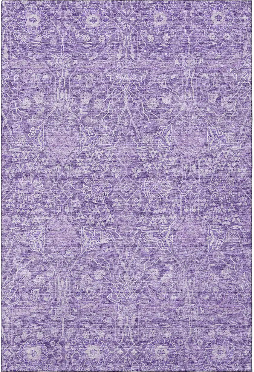 Plum And Beige Floral Washable Area Rug With UV Protection Photo 2