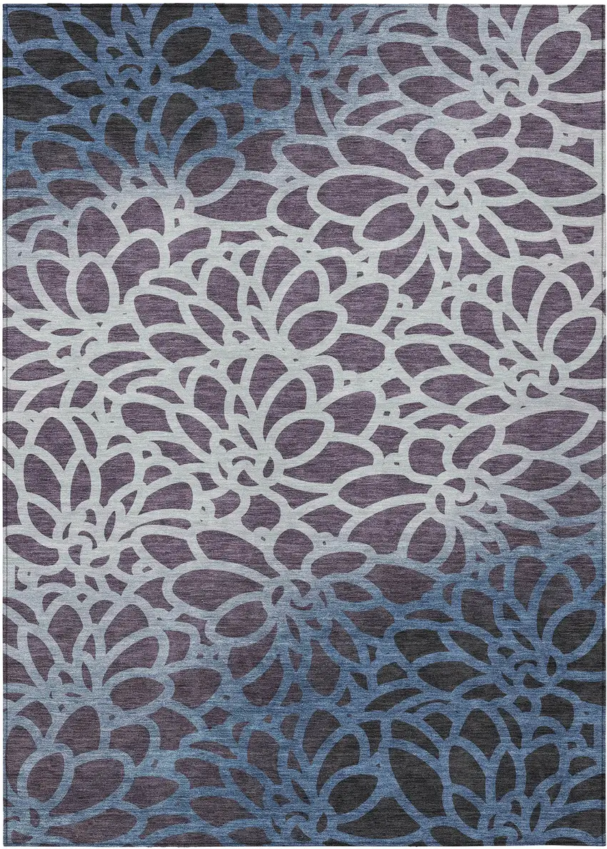Plum And Blue Botanical Leaves Washable Indoor Outdoor Area Rug Photo 9