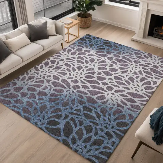 Plum And Blue Botanical Leaves Washable Indoor Outdoor Area Rug Photo 5