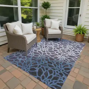 Photo of Plum And Blue Botanical Leaves Washable Indoor Outdoor Area Rug