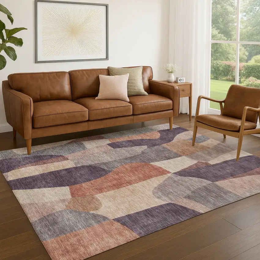 Plum And Copper Abstract Washable Indoor Outdoor Area Rug Photo 5
