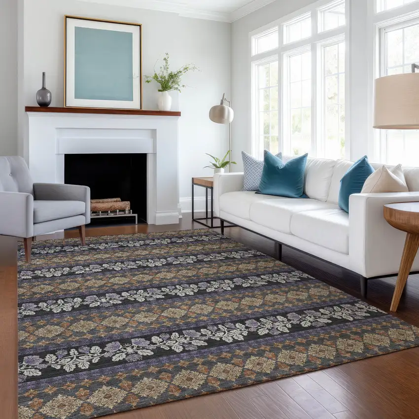 Plum And Copper Striped Washable Indoor Outdoor Area Rug Photo 6