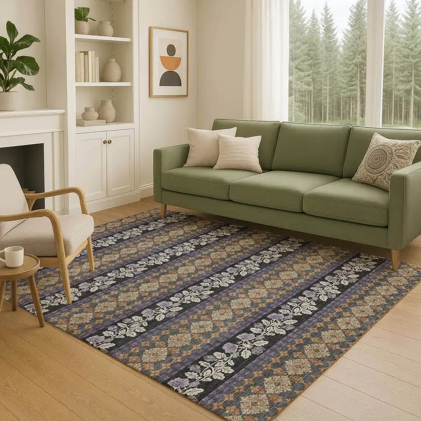 Plum And Copper Striped Washable Indoor Outdoor Area Rug Photo 5