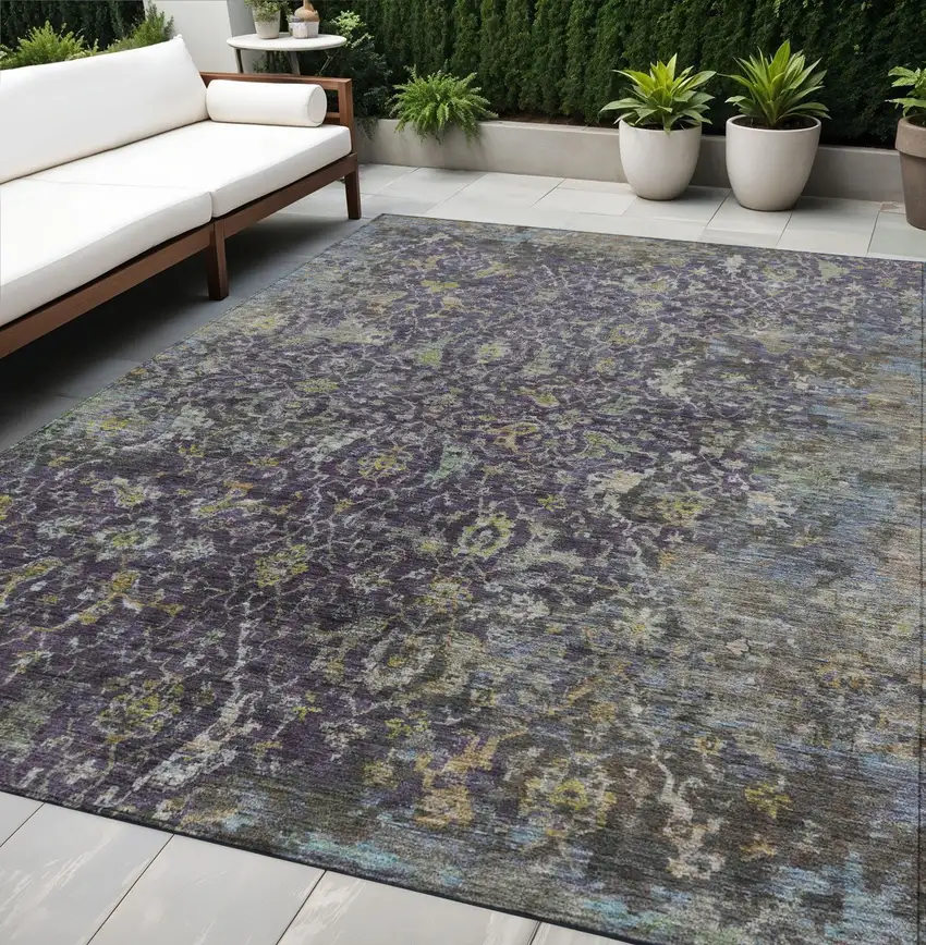 Plum And Gray Damask Washable Indoor Outdoor Area Rug Photo 1