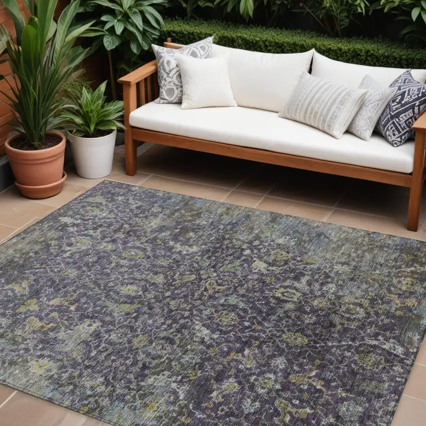 Plum And Gray Damask Washable Indoor Outdoor Area Rug Photo 1