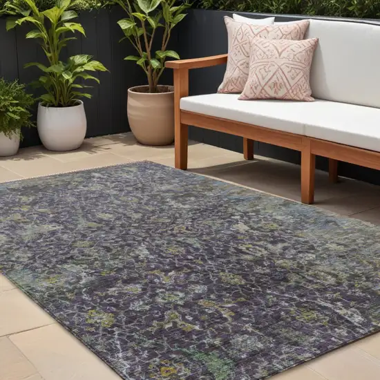 Plum And Gray Damask Washable Indoor Outdoor Area Rug Photo 1