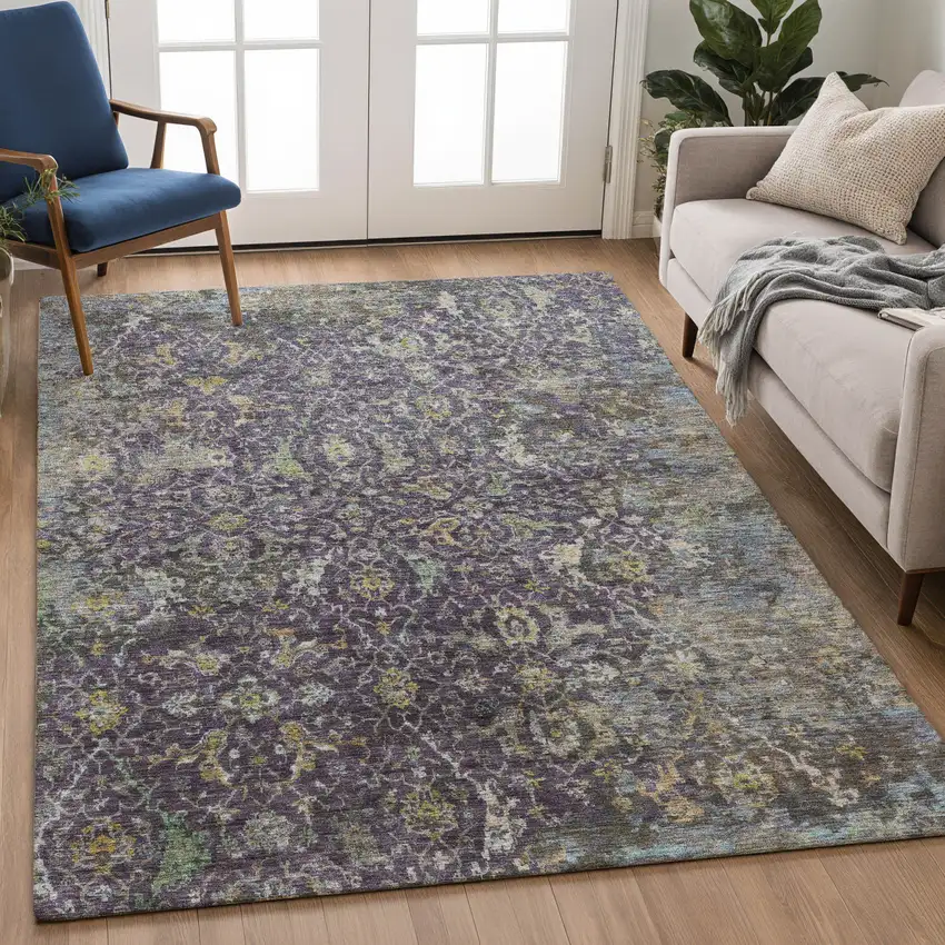 Plum And Gray Damask Washable Indoor Outdoor Area Rug Photo 3