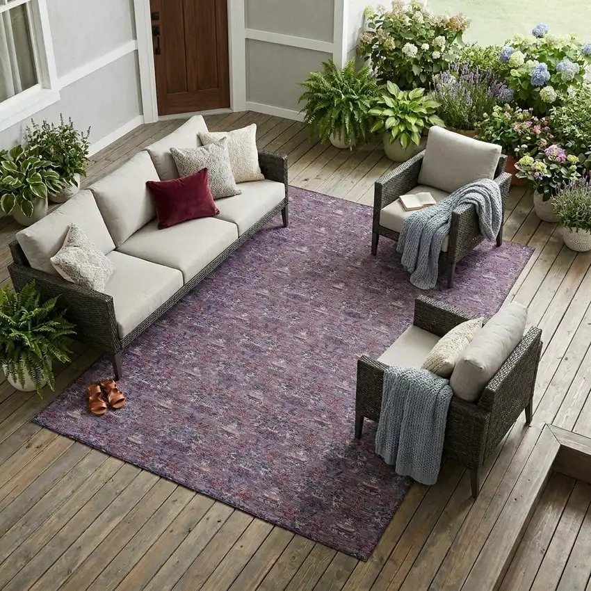 Plum And Gray Floral Washable Indoor Outdoor Area Rug Photo 1