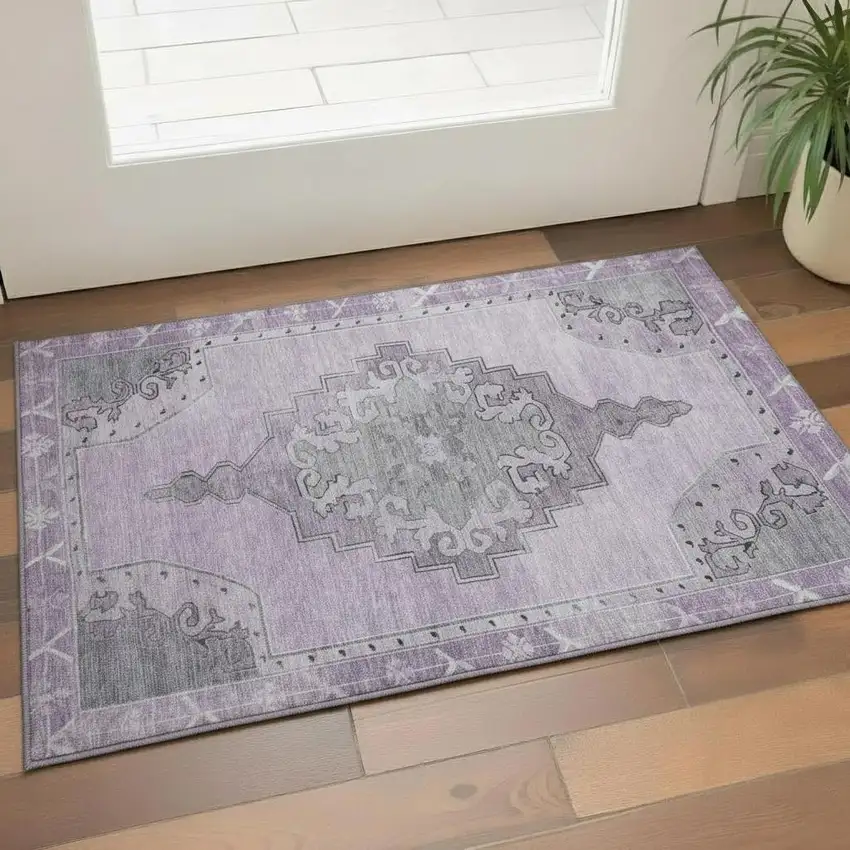 Plum And Gray Oriental Washable Area Rug With UV Protection Photo 2