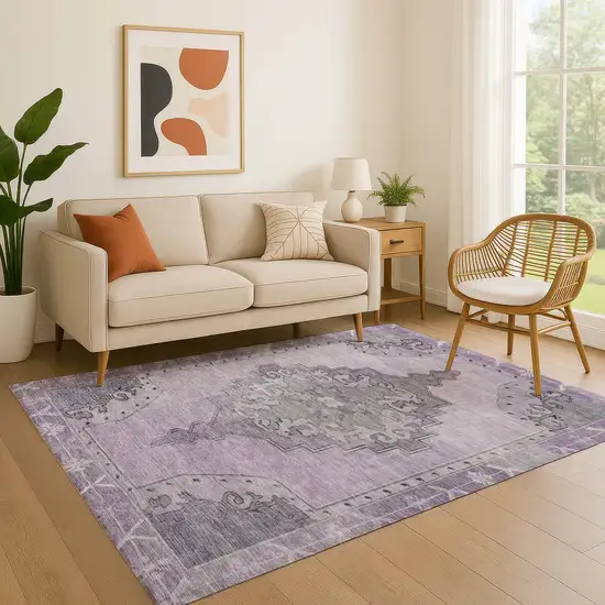Plum And Gray Oriental Washable Area Rug With UV Protection Photo 4