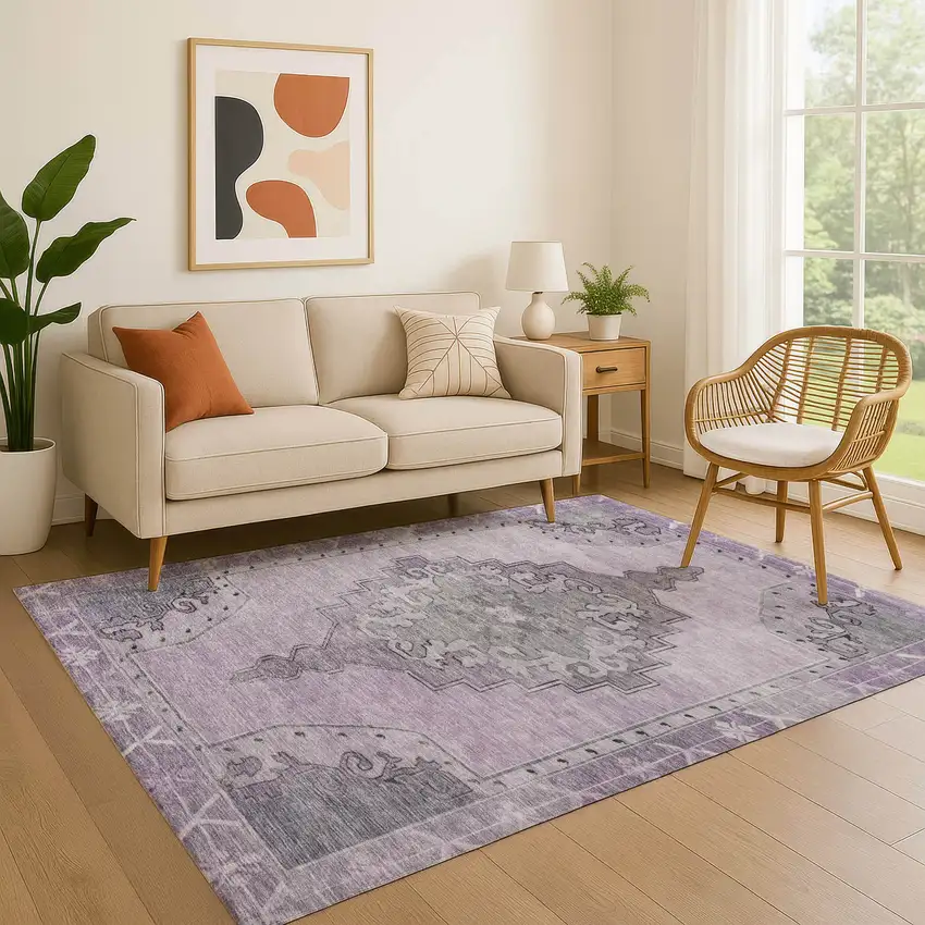 Plum And Gray Oriental Washable Area Rug With UV Protection Photo 4