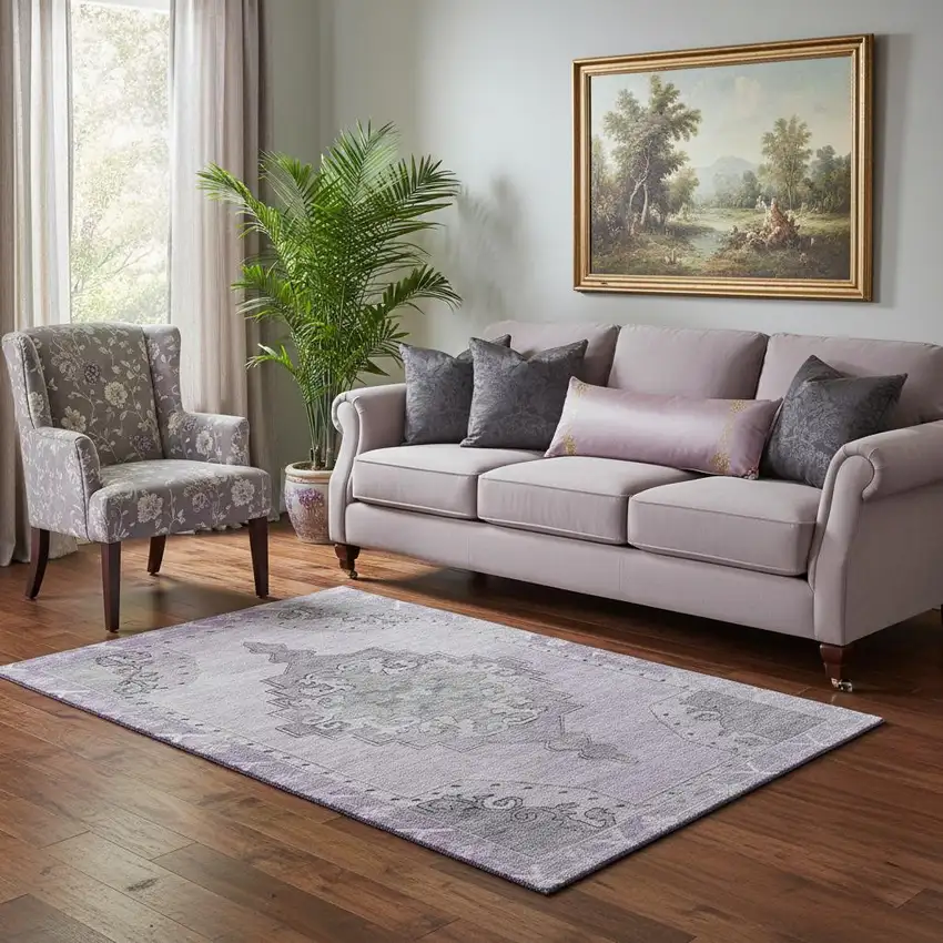 Plum And Gray Oriental Washable Area Rug With UV Protection Photo 2