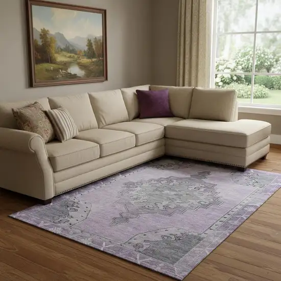 Plum And Gray Oriental Washable Area Rug With UV Protection Photo 2