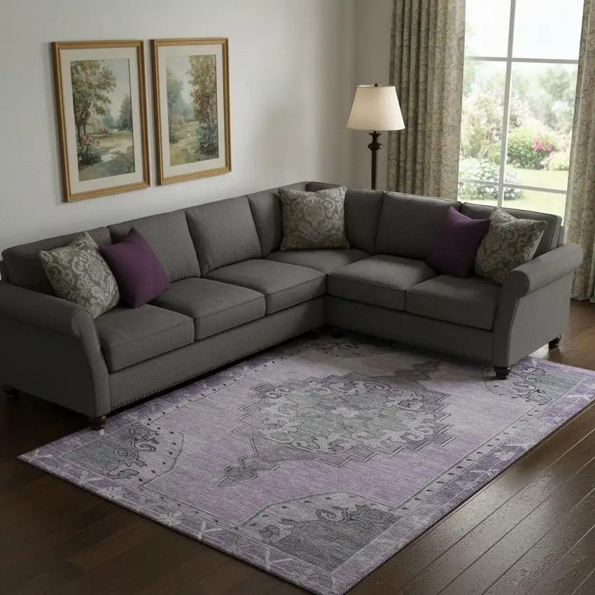 Plum And Gray Oriental Washable Area Rug With UV Protection Photo 2