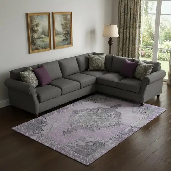 Plum And Gray Oriental Washable Area Rug With UV Protection Photo 2