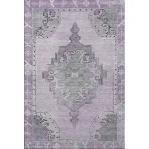 Photo of Plum And Gray Oriental Washable Area Rug With UV Protection