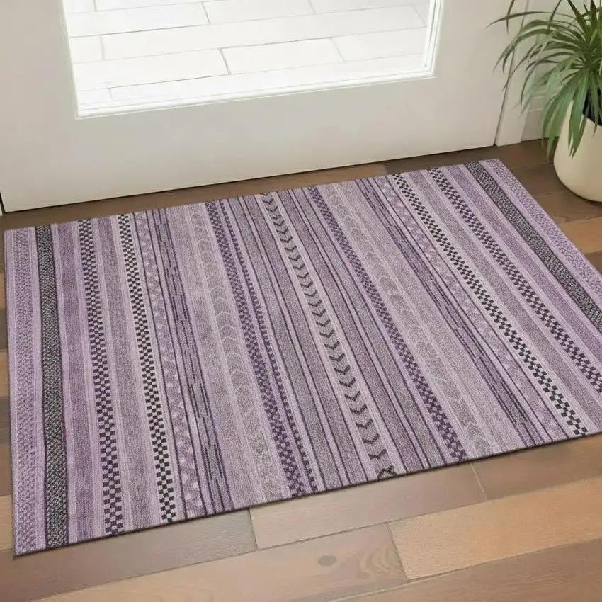 Plum And Gray Striped Washable Area Rug With UV Protection Photo 2