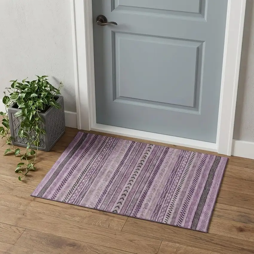 Plum And Gray Striped Washable Area Rug With UV Protection Photo 1