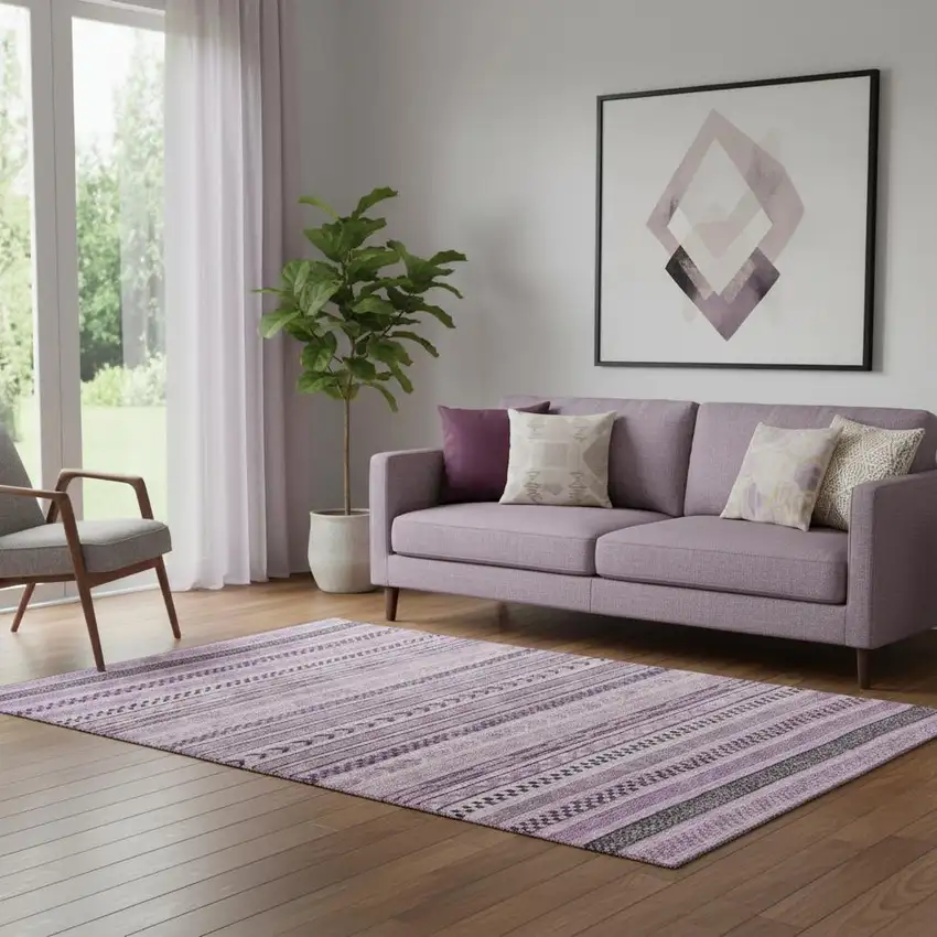 Plum And Gray Striped Washable Area Rug With UV Protection Photo 2