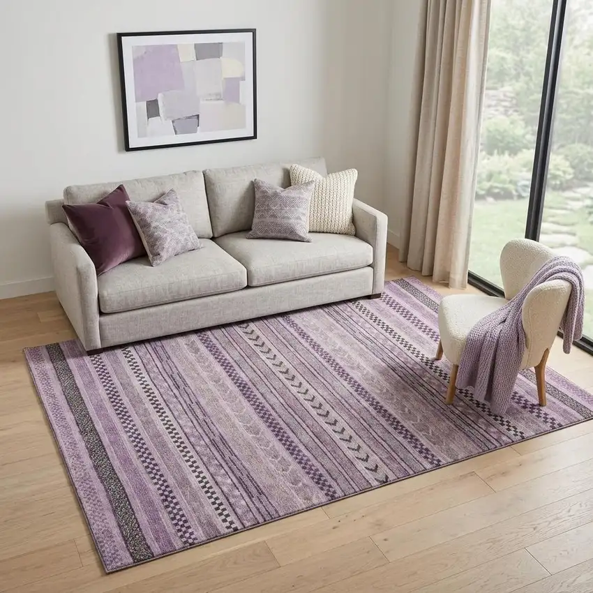 Plum And Gray Striped Washable Area Rug With UV Protection Photo 1