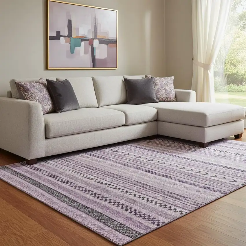 Plum And Gray Striped Washable Area Rug With UV Protection Photo 2