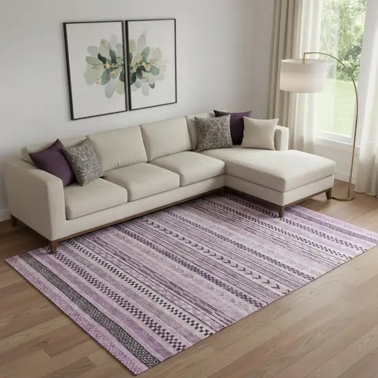 Plum And Gray Striped Washable Area Rug With UV Protection Photo 2