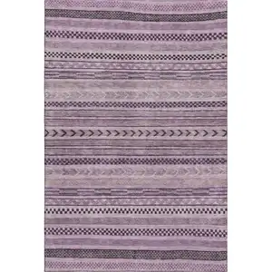 Photo of Plum And Gray Striped Washable Area Rug With UV Protection
