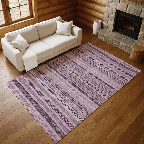 Plum And Gray Striped Washable Area Rug With UV Protection Photo 5