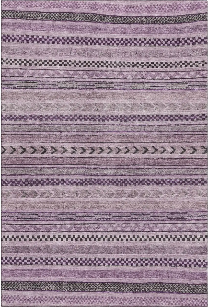 Plum And Gray Striped Washable Area Rug With UV Protection Photo 1