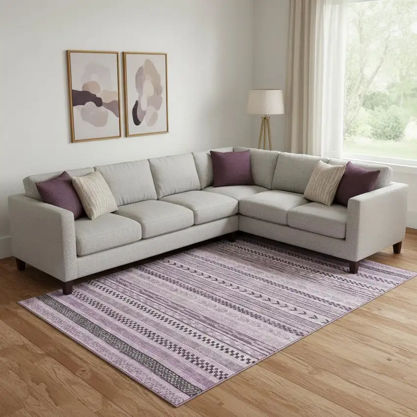 Plum And Gray Striped Washable Area Rug With UV Protection Photo 2