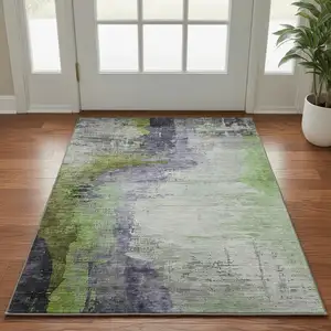 Photo of Plum And Green Abstract Washable Area Rug With UV Protection