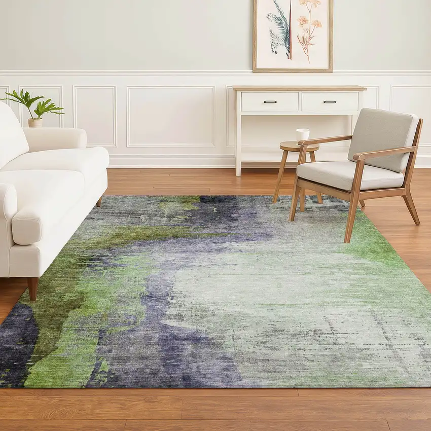 Plum And Green Abstract Washable Area Rug With UV Protection Photo 6