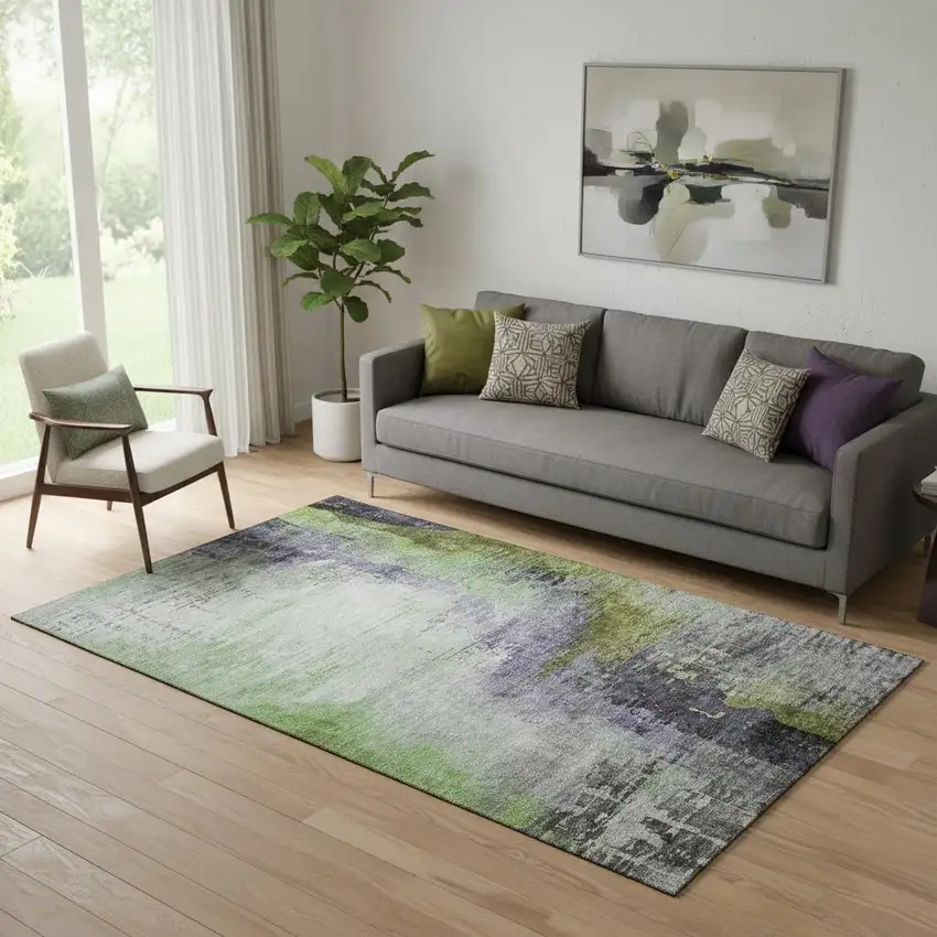 Plum And Green Abstract Washable Area Rug With UV Protection Photo 2