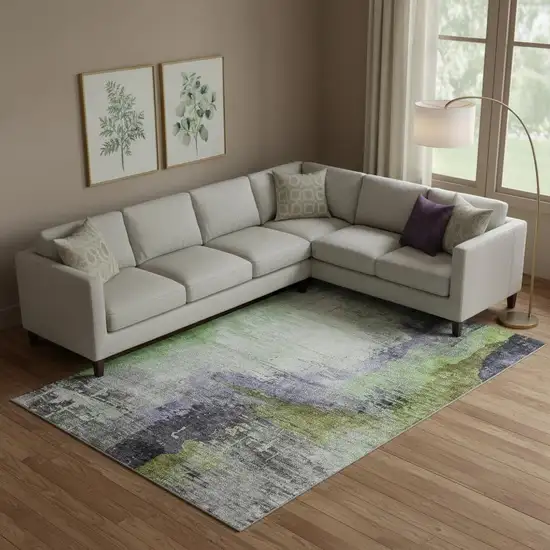 Plum And Green Abstract Washable Area Rug With UV Protection Photo 2