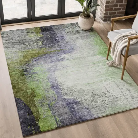 Plum And Green Abstract Washable Area Rug With UV Protection Photo 5